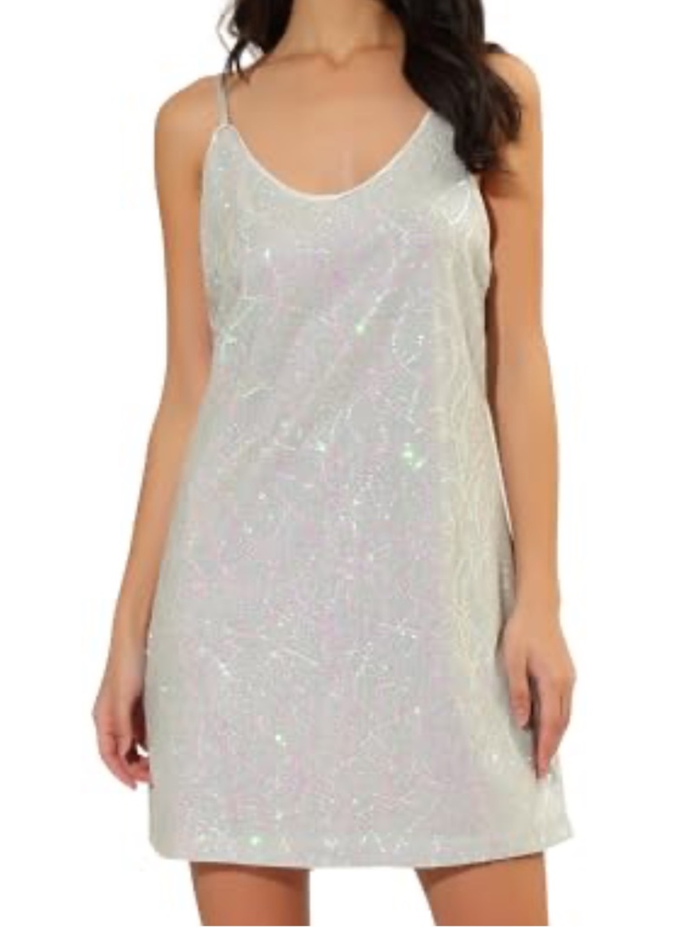 NWT Allegra K Iridescent Sequin Mini Slip Dress Silver White Glitter V-Neck Sz M